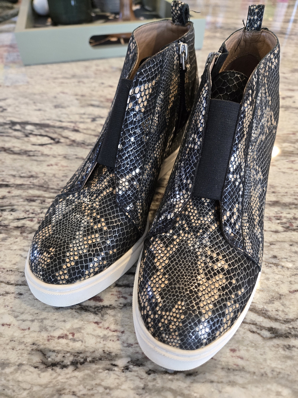 Linea Paolo Felicia III wedge Boots in a black and gold snake print leather 6.5